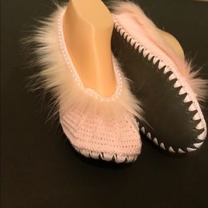 Pink Fur Shoes with Pearls